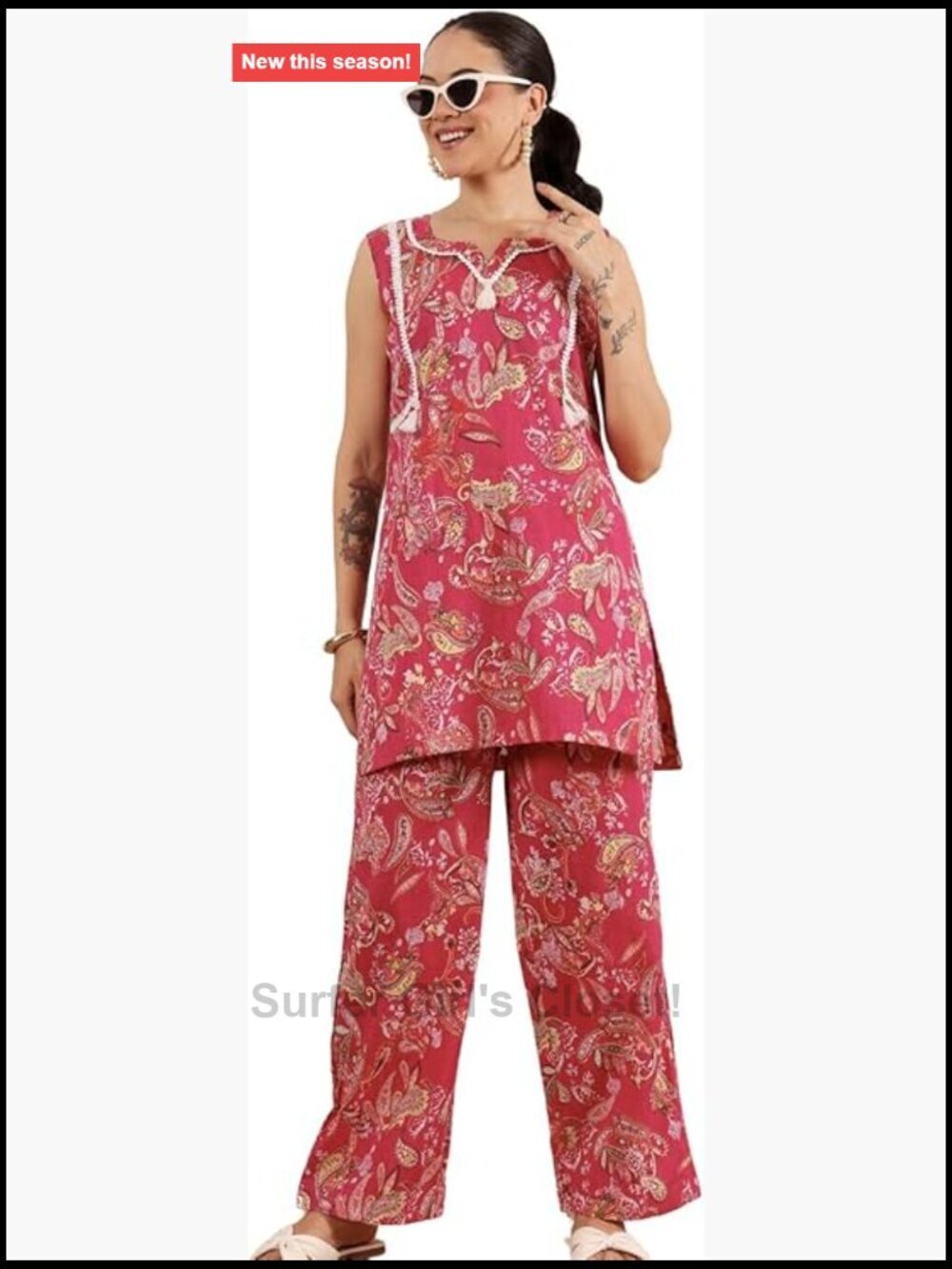 Sleeveless Cotton Kurta Set with Wide Leg Pants